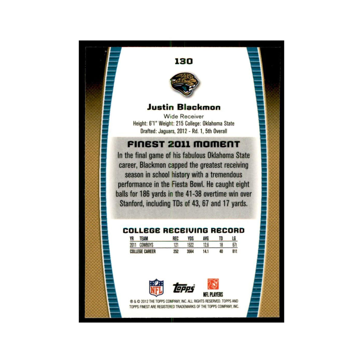Justin Blackmon Rookie 2012 Topps Finest #130 Jacksonville Jaguars NM
