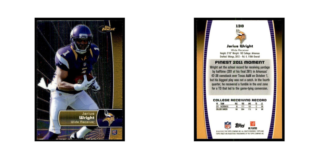 Jarius Wright Rookie 2012 Topps Finest #138 Minnesota Vikings Football Card NM