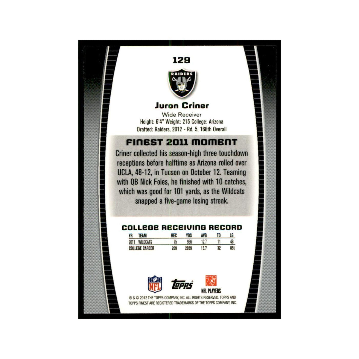 Juron Criner Rookie 2012 Topps Finest #129 Oakland Raiders Football Card NM