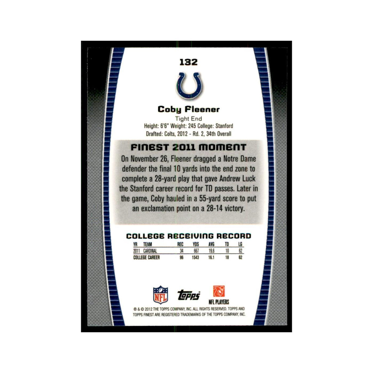 Coby Fleener Rookie 2012 Topps Finest #132 Indianapolis Colts Football Card NM