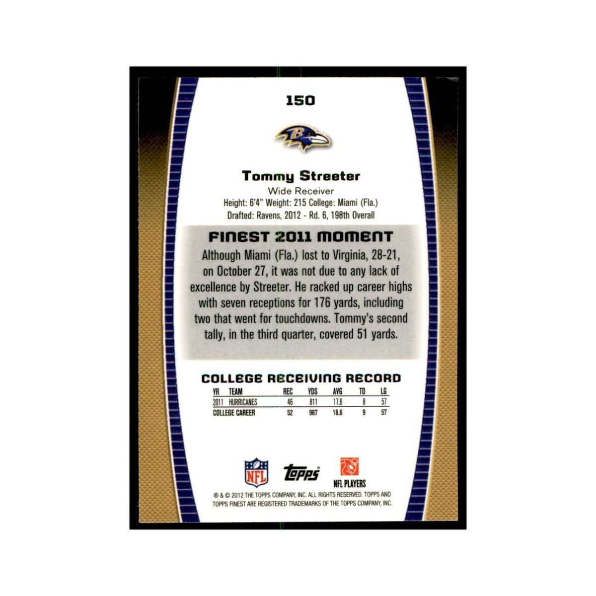 Tommy Streeter Rookie 2012 Topps Finest #150 Baltimore Ravens Football Card NM