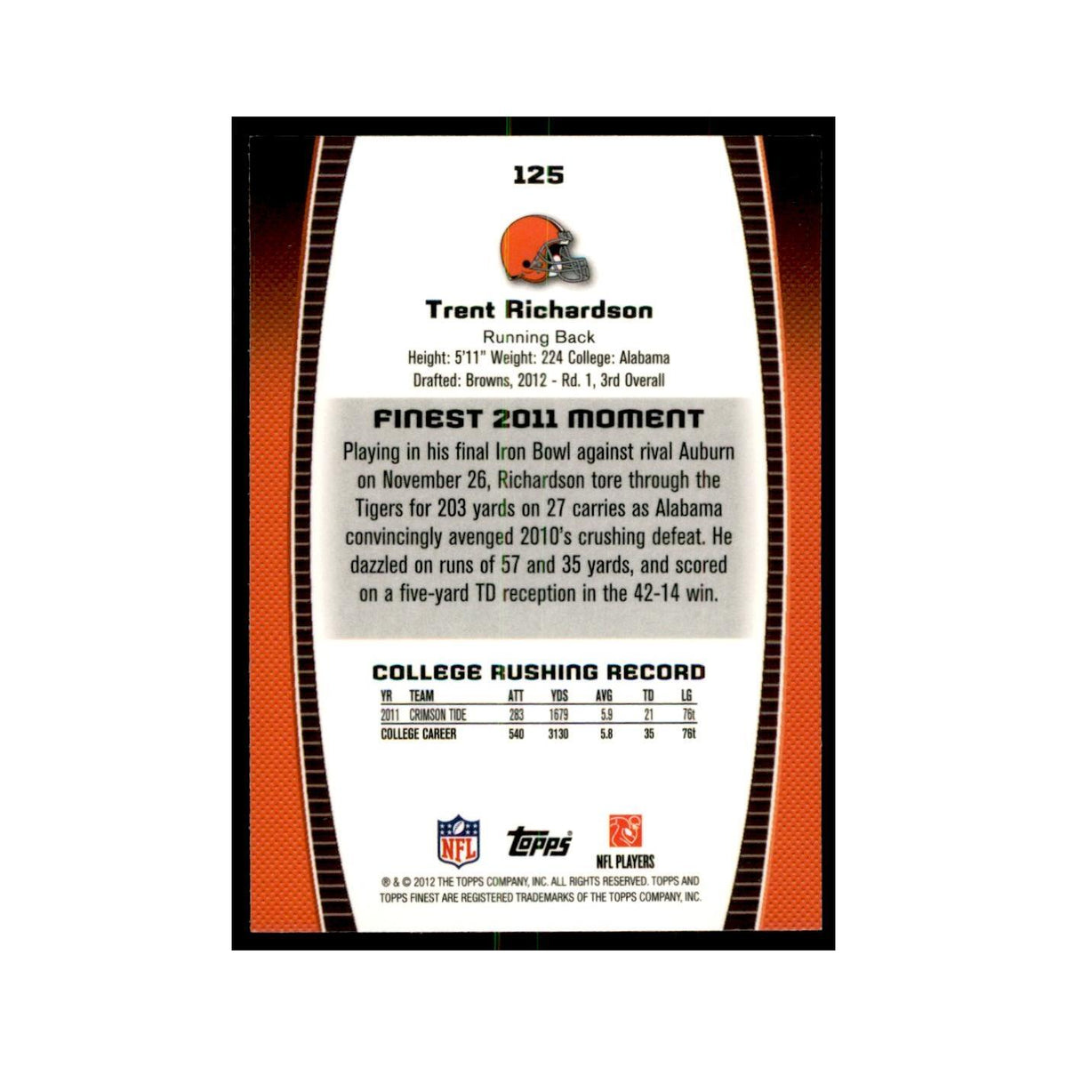 Trent Richardson Rookie 2012 Topps Finest #125 Cleveland Browns Football Card NM