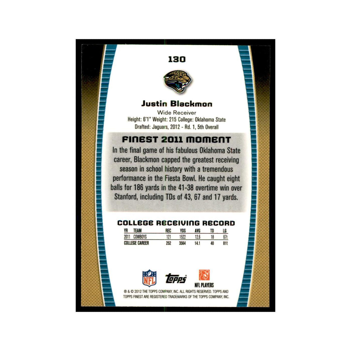 Justin Blackmon Rookie 2012 Topps Finest #130 Jacksonville Jaguars NM