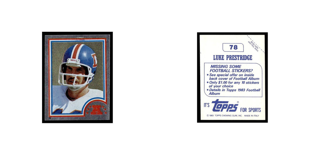 Luke Prestridge 1983 Topps Stickers #78 Denver Broncos Football Card EX
