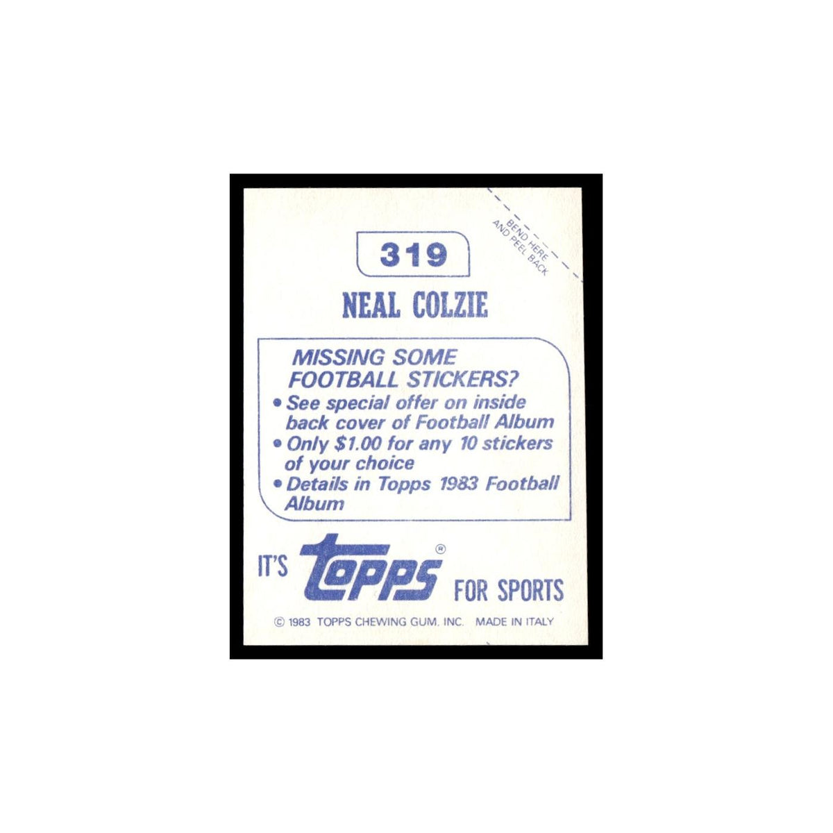 Neal Colzie 1983 Topps Stickers #319 Tampa Bay Buccaneers Football Card EX