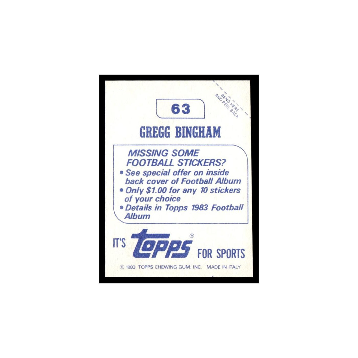 Gregg Bingham 1983 Topps Stickers #63 Houston Oilers Football Card EX
