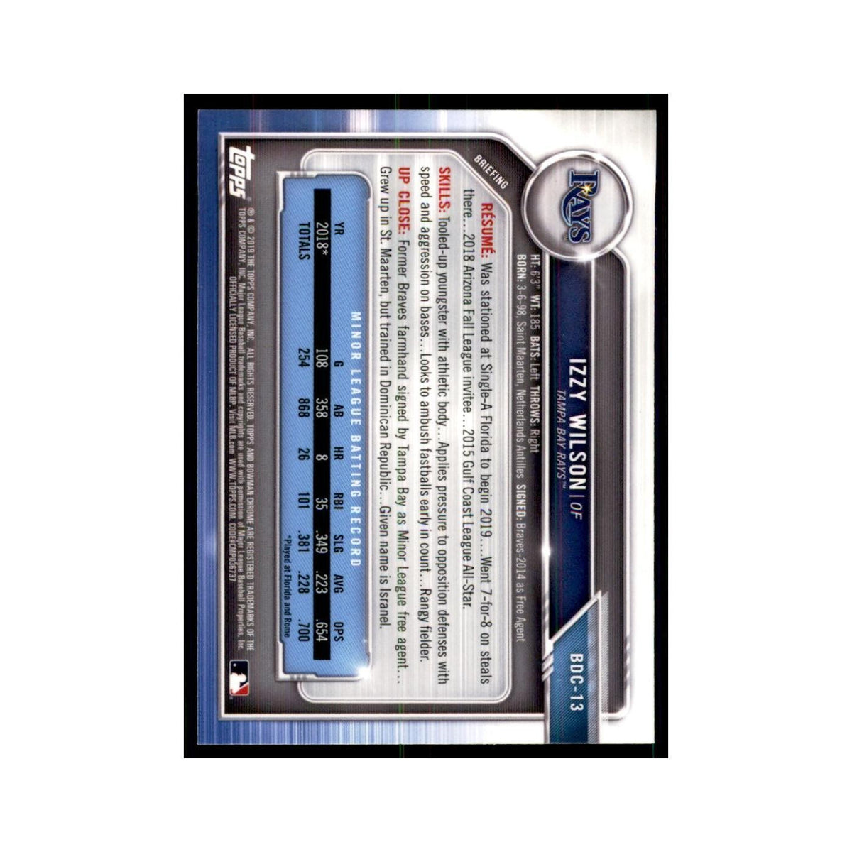 Izzy Wilson 2019 Bowman Draft Chrome #BDC-13 Tampa Bay Rays Baseball Card NM