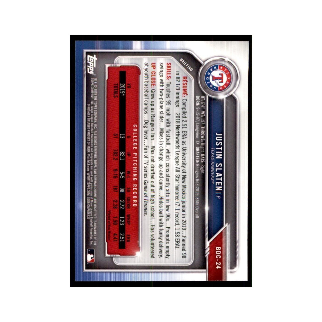 Justin Slaten 2019 Bowman Draft Chrome #BDC-24 Texas Rangers Baseball Card NM