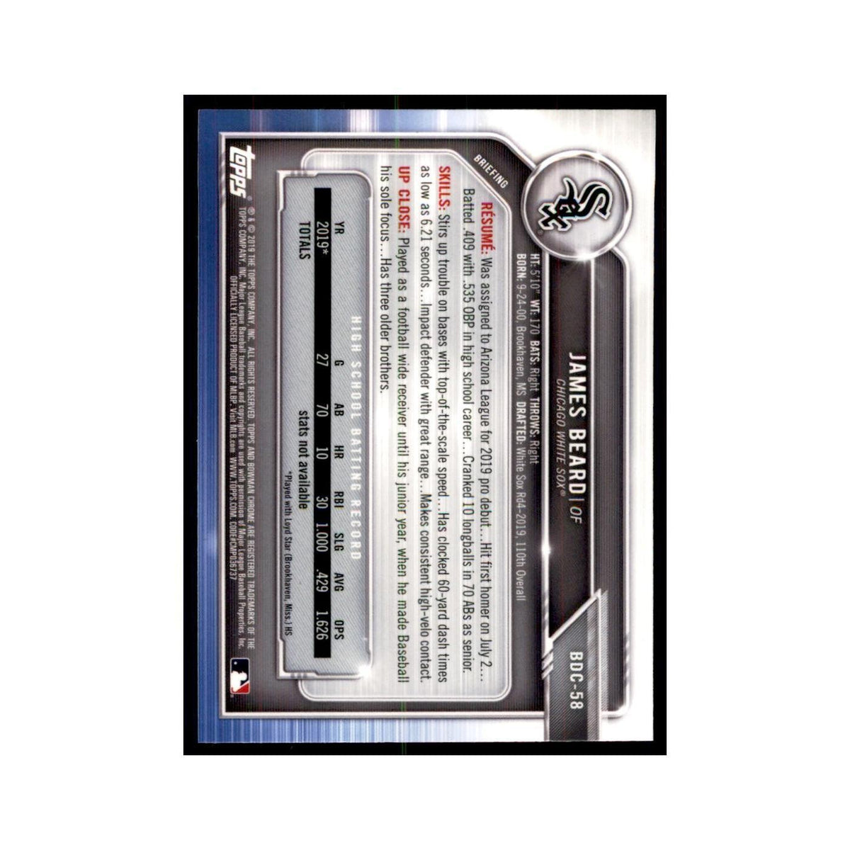 James Beard 2019 Bowman Draft Chrome #BDC-58 Chicago White Sox Baseball Card NM