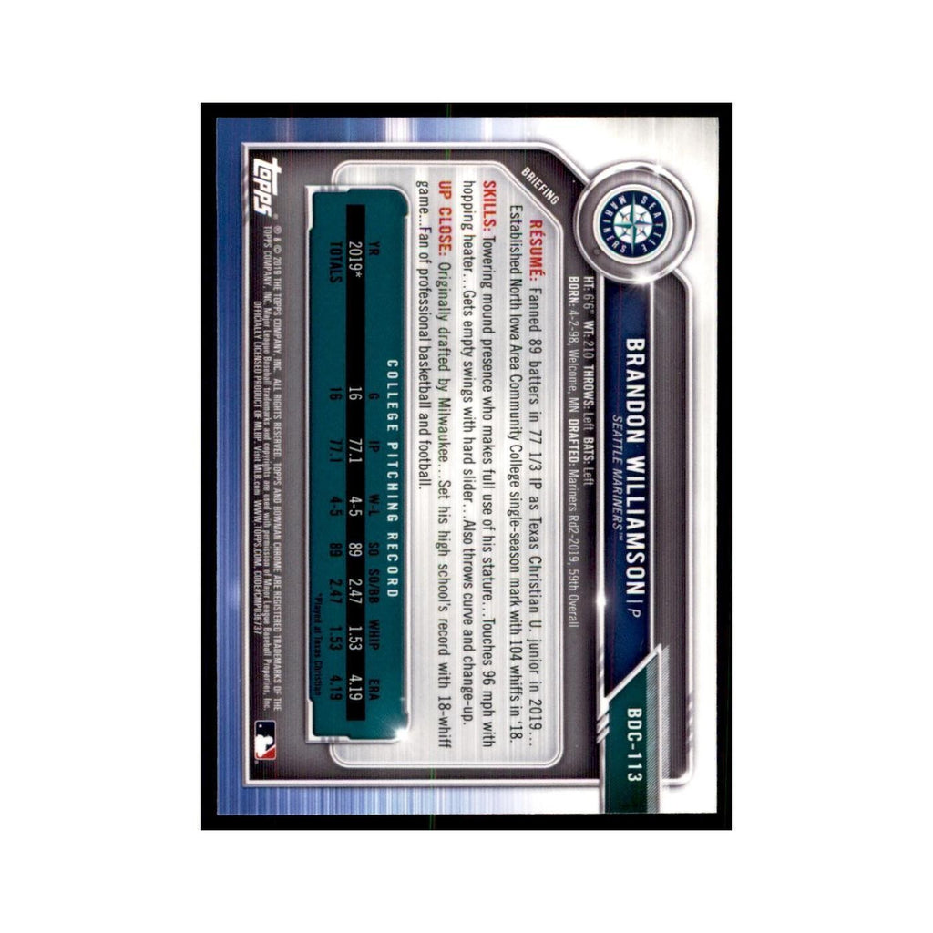 Brandon Williamson 2019 Bowman Draft Chrome #BDC-113 Seattle Mariners NM