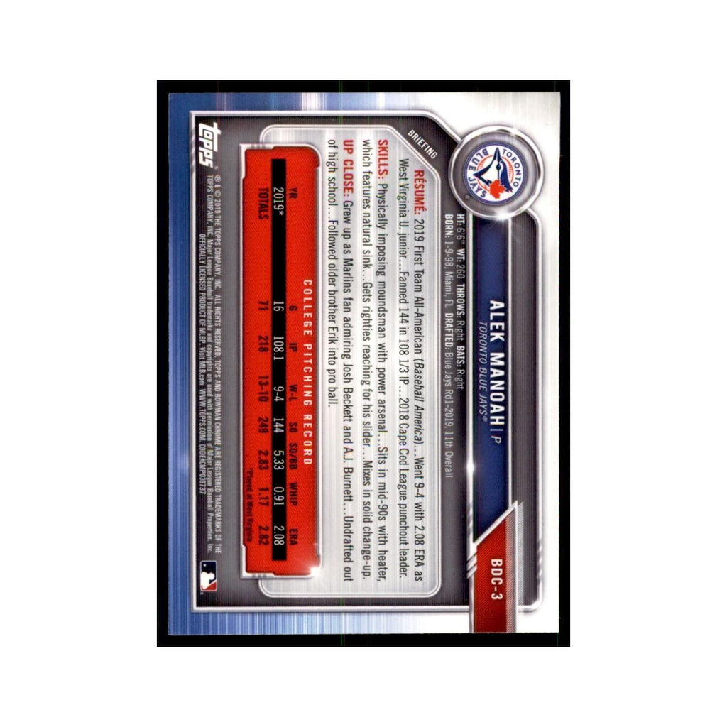 Alek Manoah 2019 Bowman Draft Chrome #BDC-3 Toronto Blue Jays Baseball Card NM