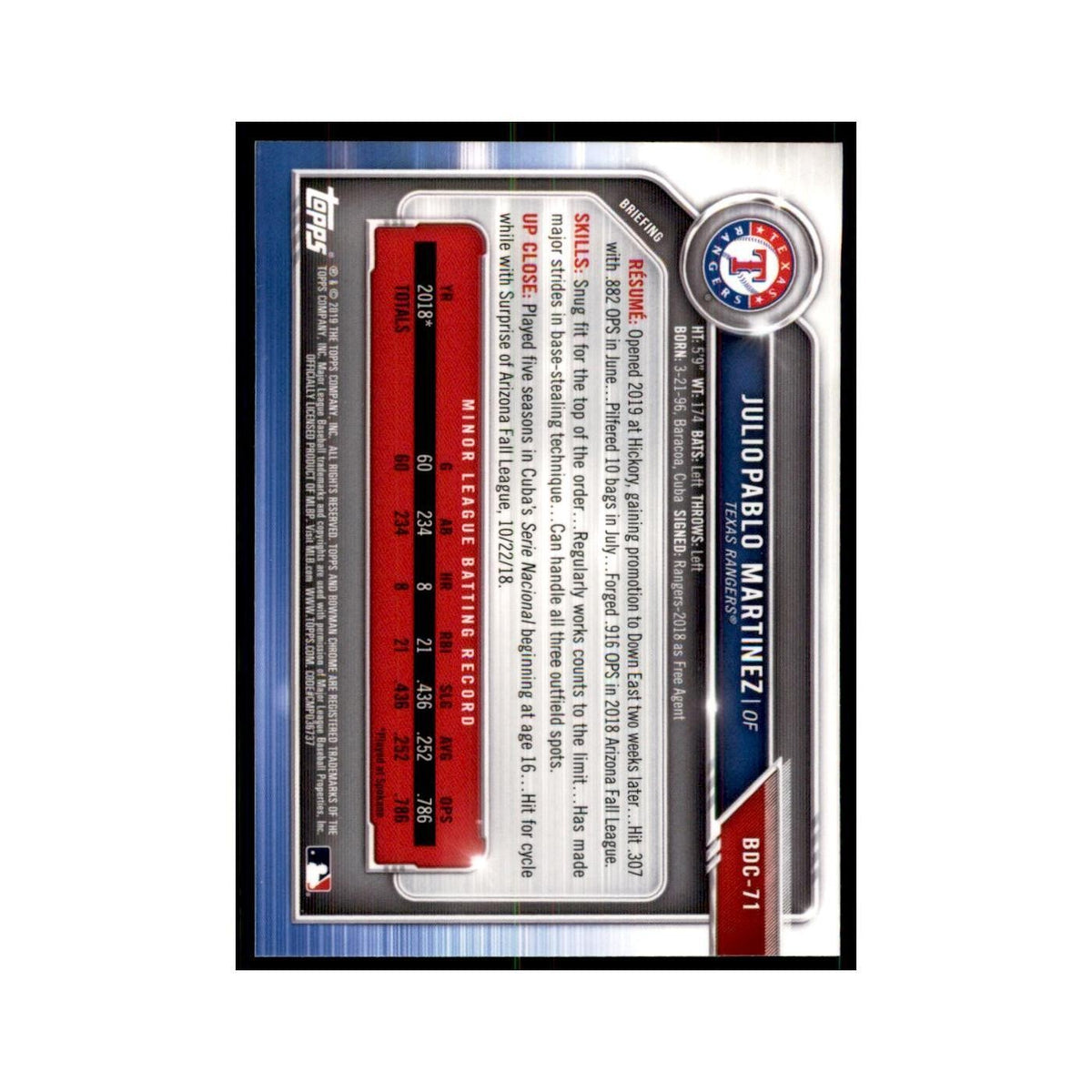 Julio Pablo Martinez 2019 Bowman Draft Chrome #BDC-71 Texas Rangers NM