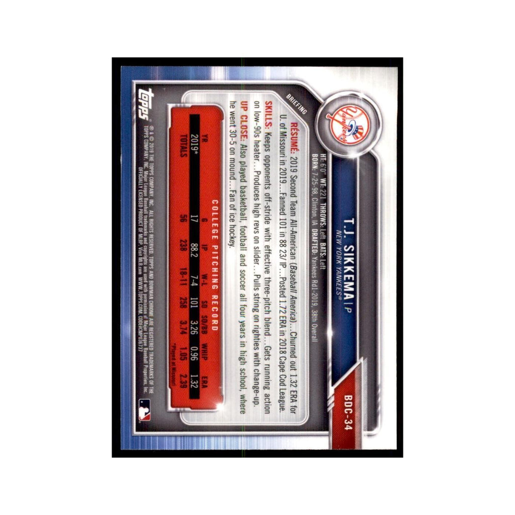 T.J. Sikkema 2019 Bowman Draft Chrome #BDC-34 New York Yankees Baseball Card NM
