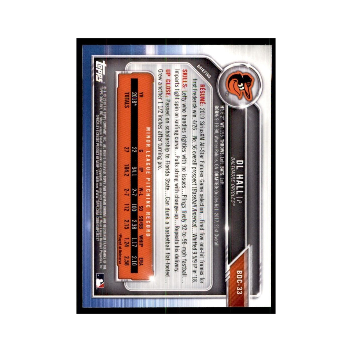 DL Hall 2019 Bowman Draft Chrome #BDC-33 Baltimore Orioles Baseball Card NM
