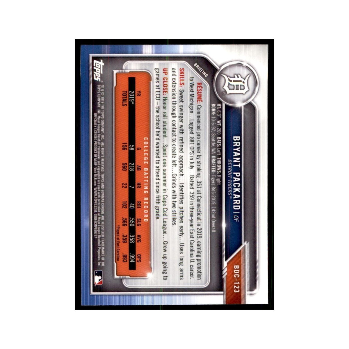 Bryant Packard 2019 Bowman Draft Chrome #BDC-123 Detroit Tigers Baseball Card NM