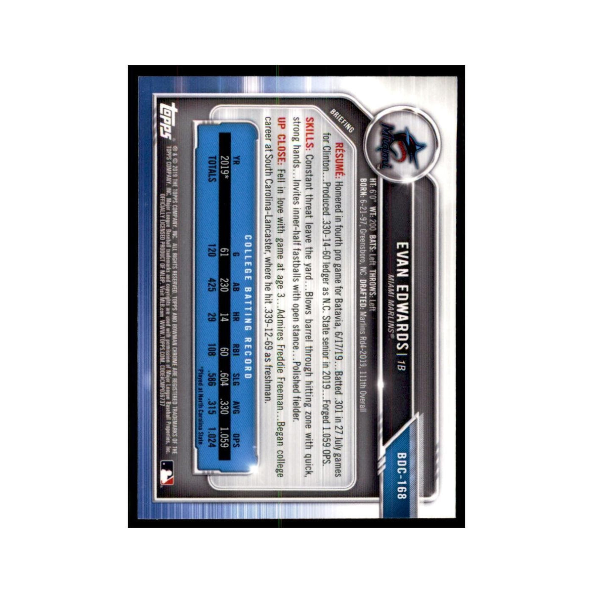 Evan Edwards 2019 Bowman Draft Chrome #BDC-168 Miami Marlins Baseball Card NM