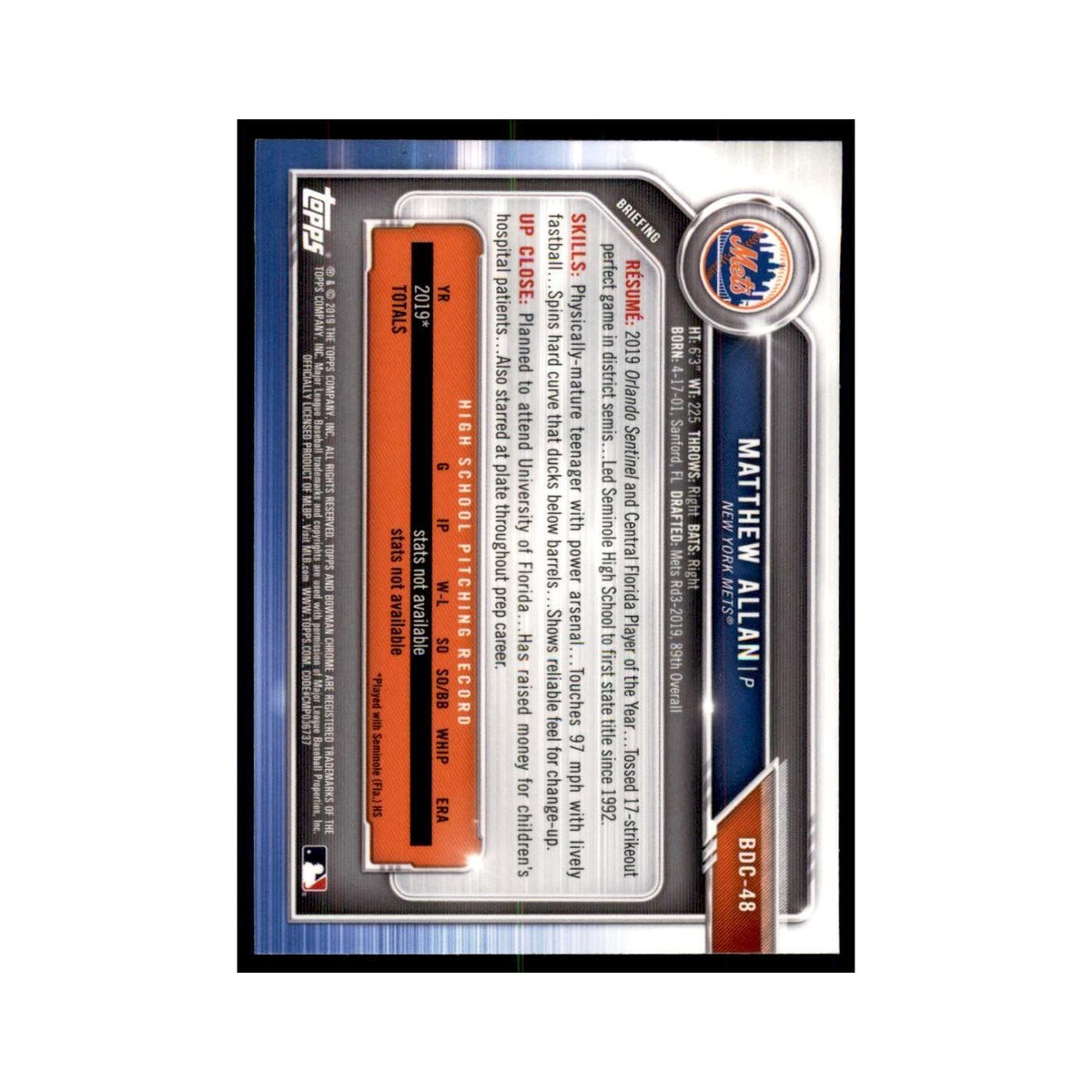 Matthew Allan 2019 Bowman Draft Chrome #BDC-48 New York Mets Baseball Card NM