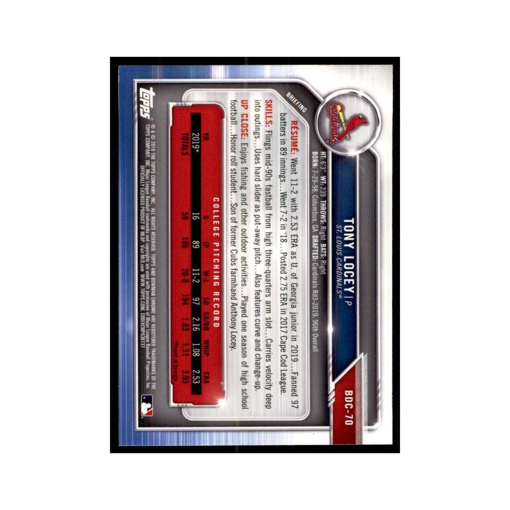Tony Locey 2019 Bowman Draft Chrome #BDC-70 St. Louis Cardinals Baseball Card NM