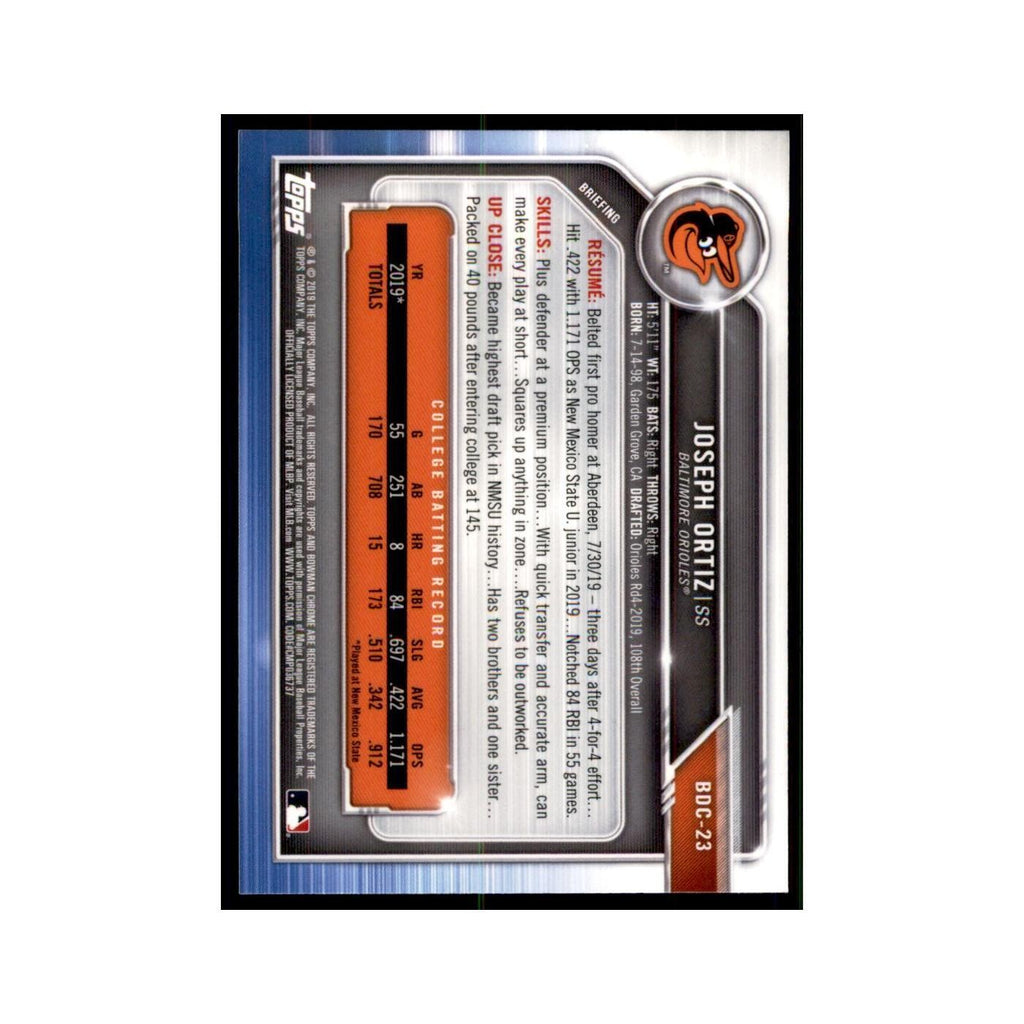 Joseph Ortiz 2019 Bowman Draft Chrome #BDC-23 Baltimore Orioles Baseball Card NM