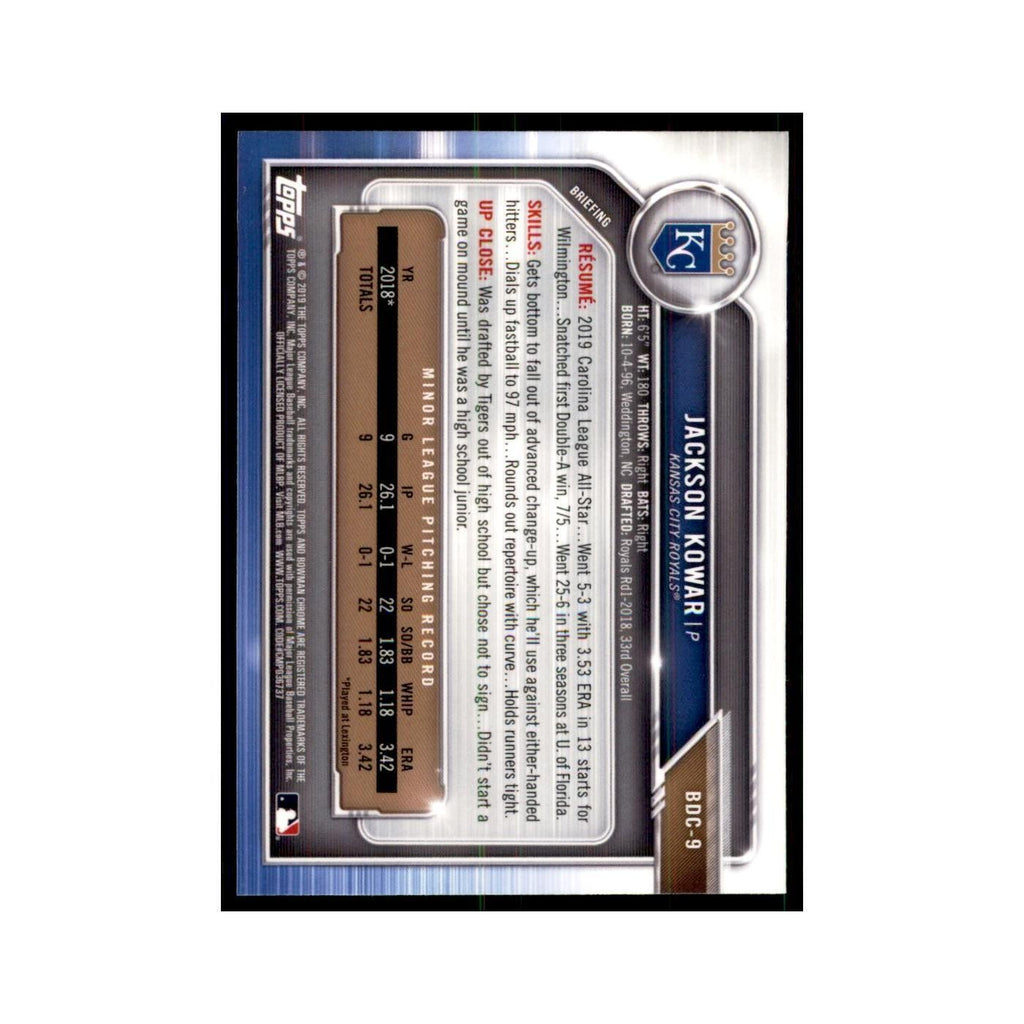 Jackson Kowar 2019 Bowman Draft Chrome #BDC-9 Kansas City Royals NM