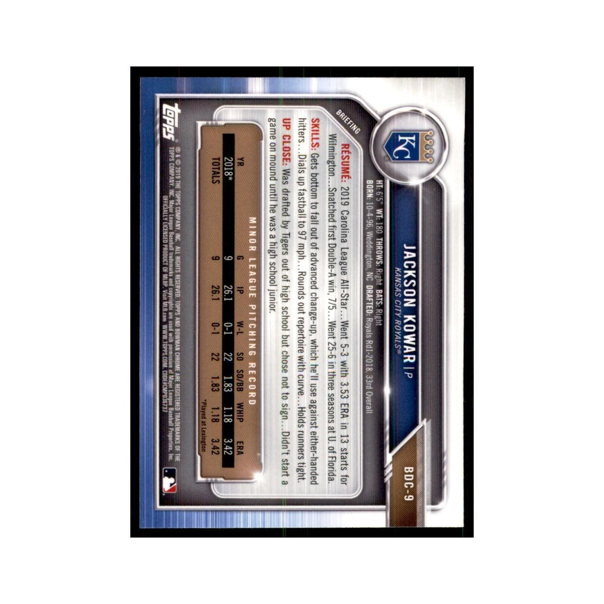 Jackson Kowar 2019 Bowman Draft Chrome #BDC-9 Kansas City Royals NM