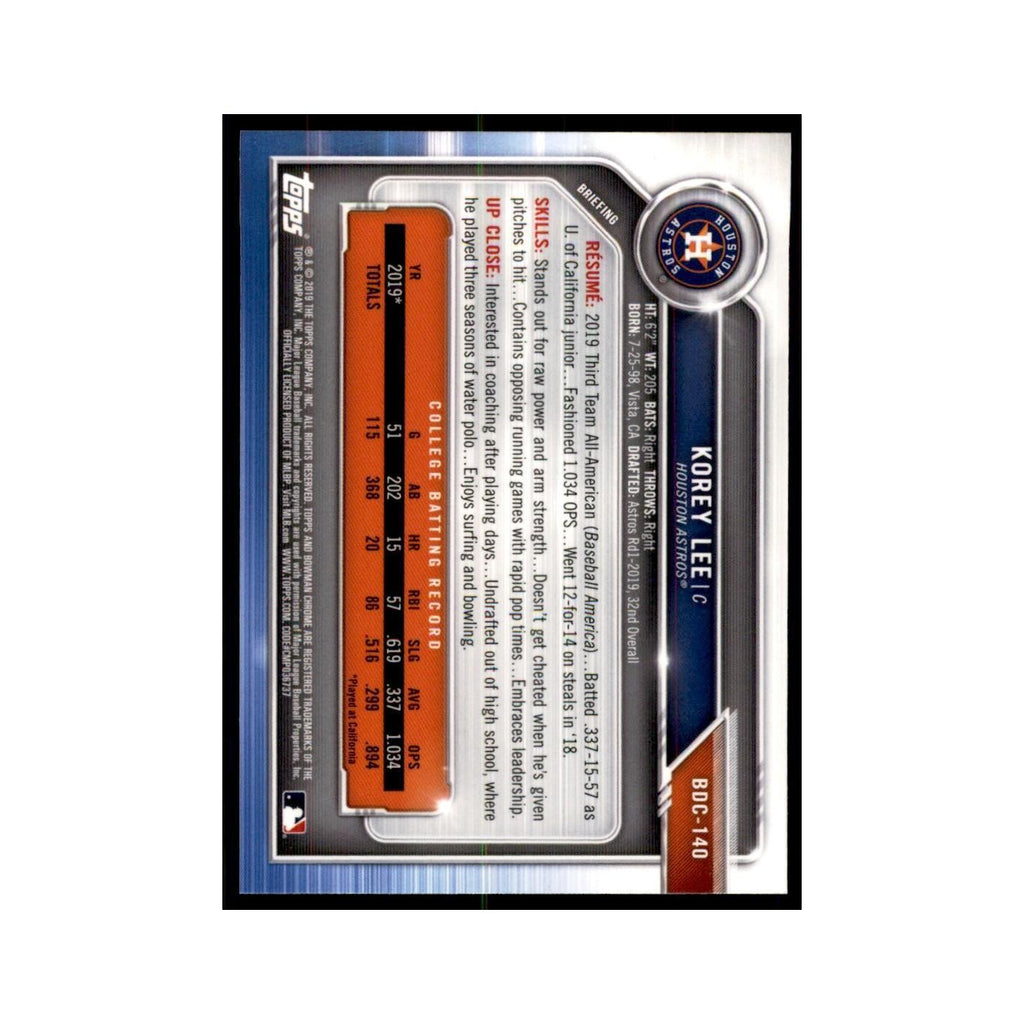 Korey Lee 2019 Bowman Draft Chrome #BDC-140 Houston Astros Baseball Card NM