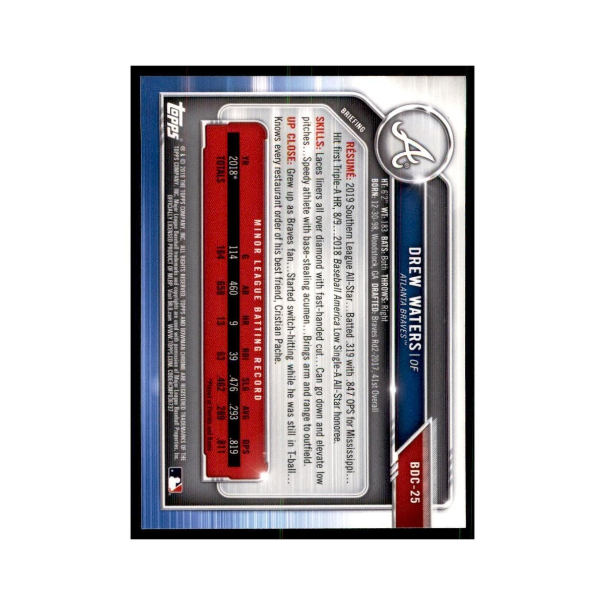 Drew Waters 2019 Bowman Draft Chrome #BDC-25 Atlanta Braves Baseball Card NM