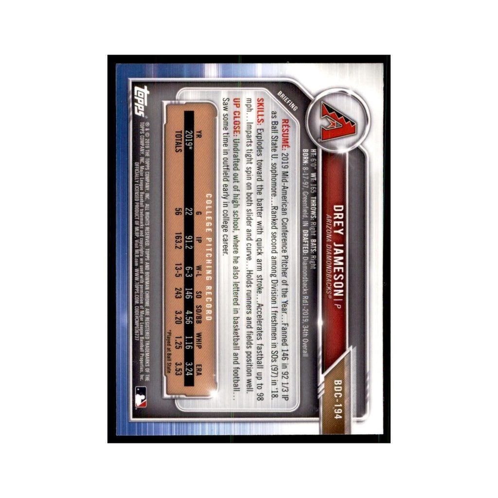Drey Jameson 2019 Bowman Draft Chrome #BDC-194 Arizona Diamondbacks NM
