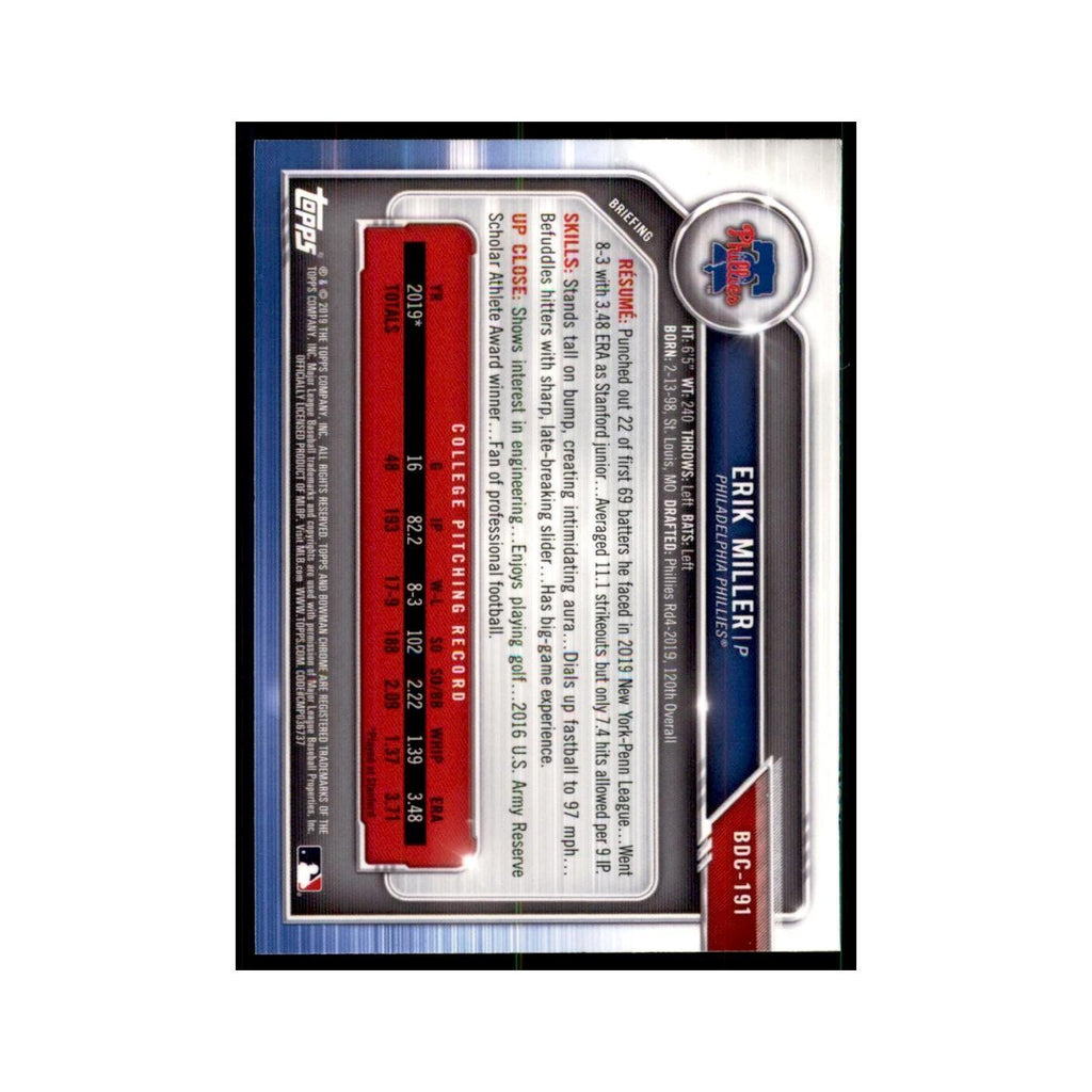 Erik Miller 2019 Bowman Draft Chrome #BDC-191 Philadelphia Phillies NM