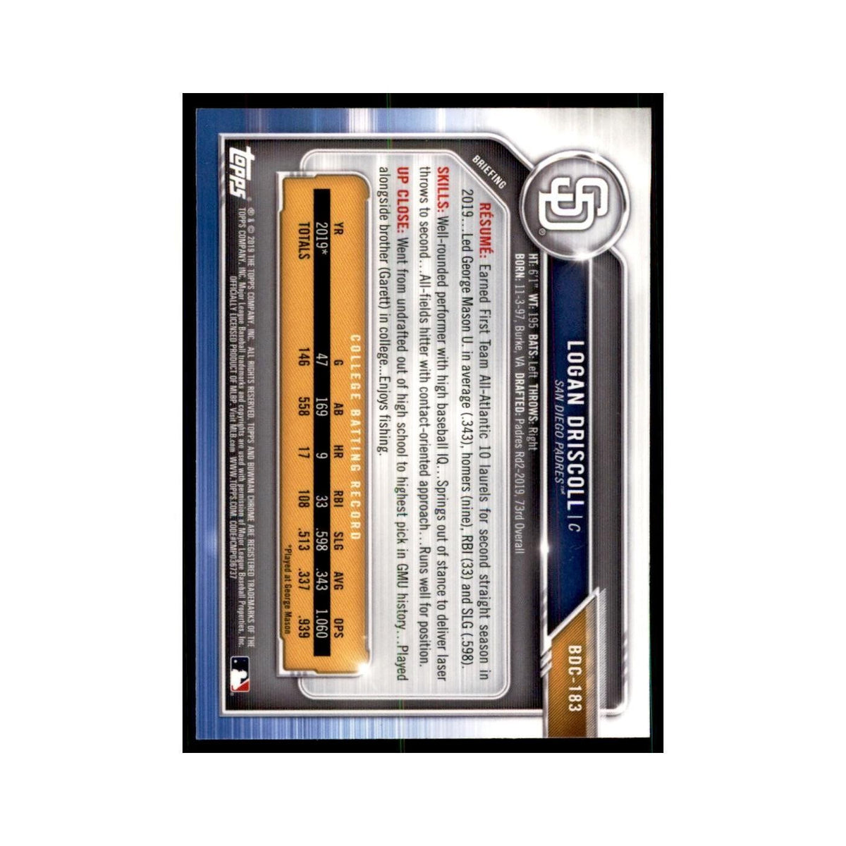 Logan Driscoll 2019 Bowman Draft Chrome #BDC-183 San Diego Padres NM