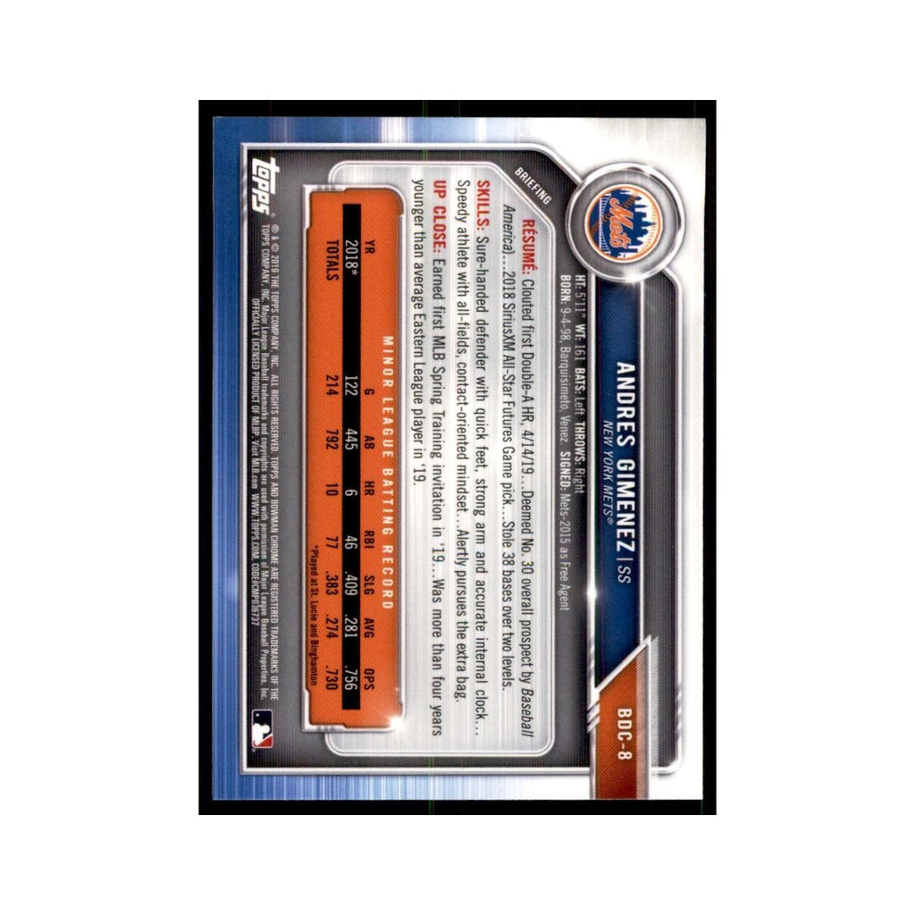 Andres Gimenez 2019 Bowman Draft Chrome #BDC-8 New York Mets Baseball Card NM