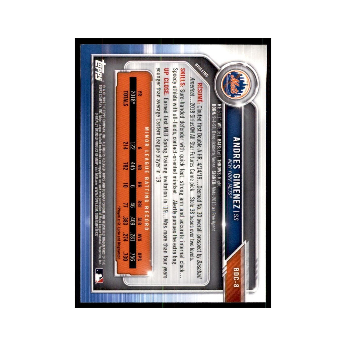 Andres Gimenez 2019 Bowman Draft Chrome #BDC-8 New York Mets Baseball Card NM