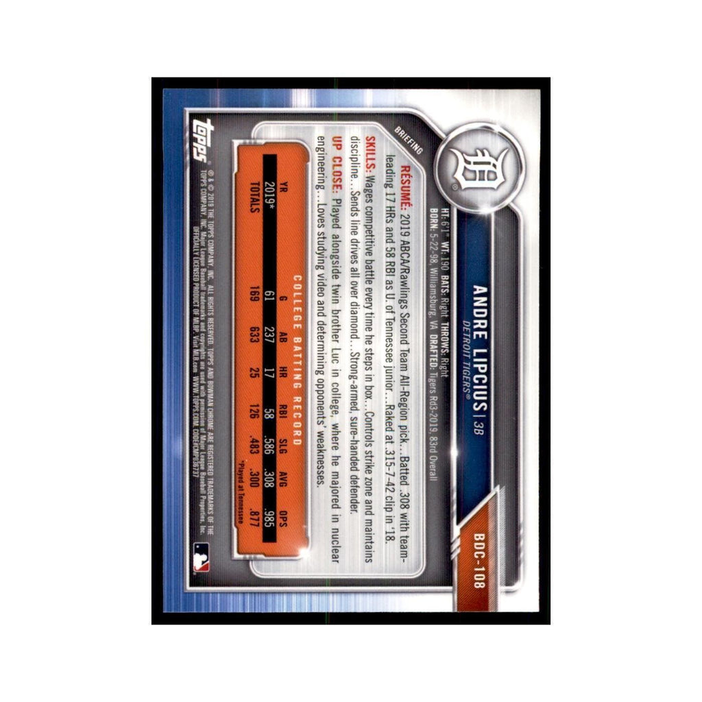 Andre Lipcius 2019 Bowman Draft Chrome #BDC-108 Detroit Tigers Baseball Card NM