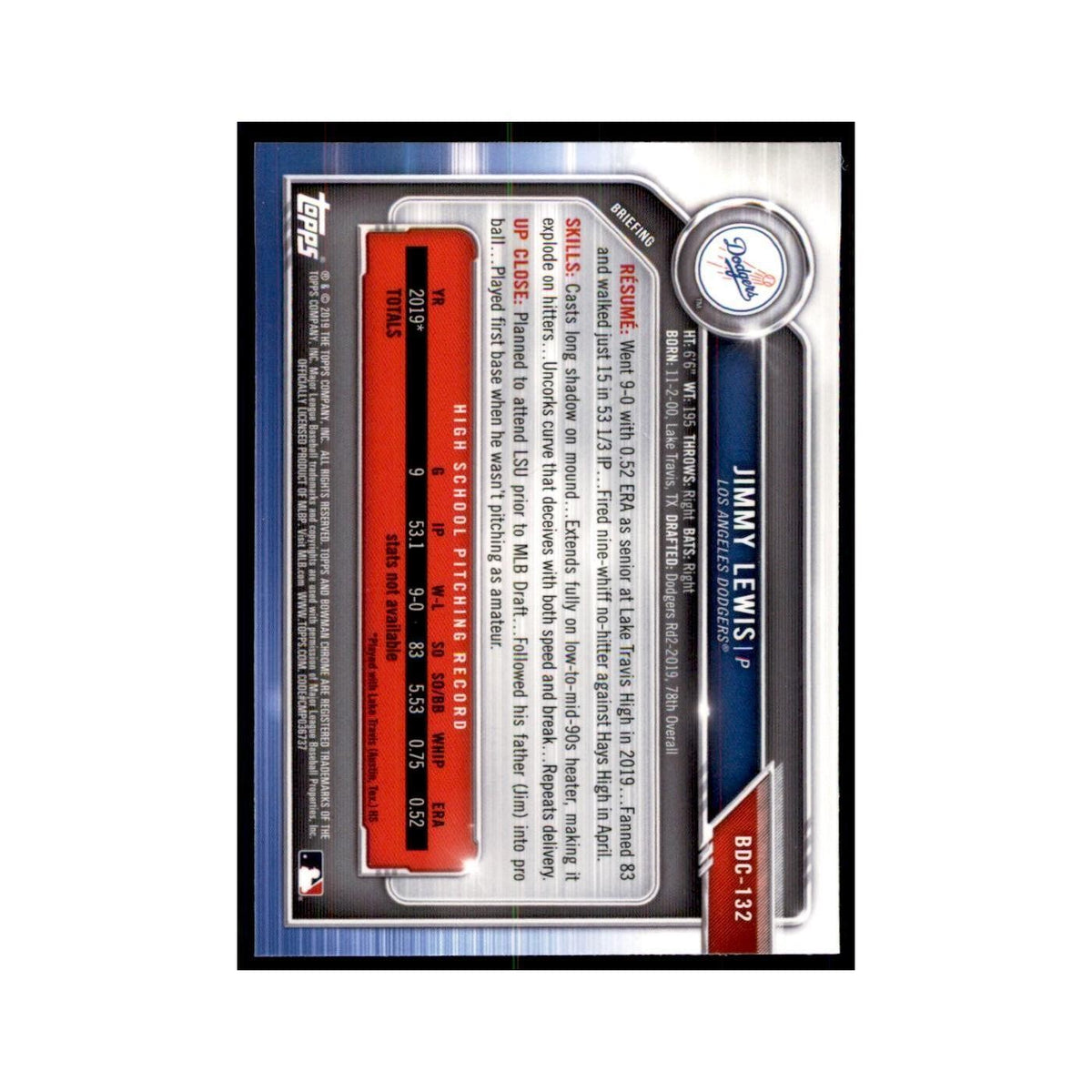 Jimmy Lewis 2019 Bowman Draft Chrome #BDC-132 Los Angeles Dodgers NM