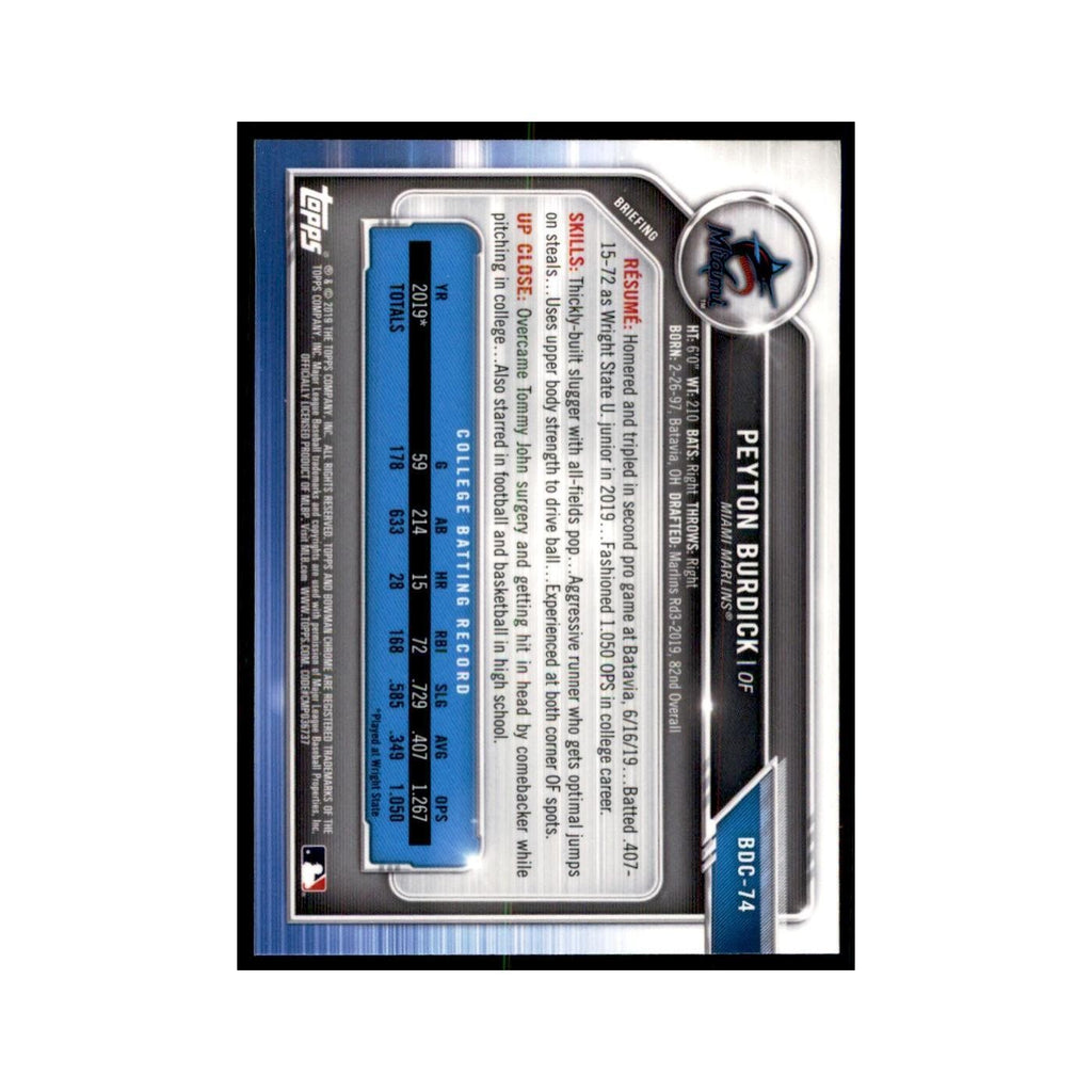 Peyton Burdick 2019 Bowman Draft Chrome #BDC-74 Miami Marlins Baseball Card NM