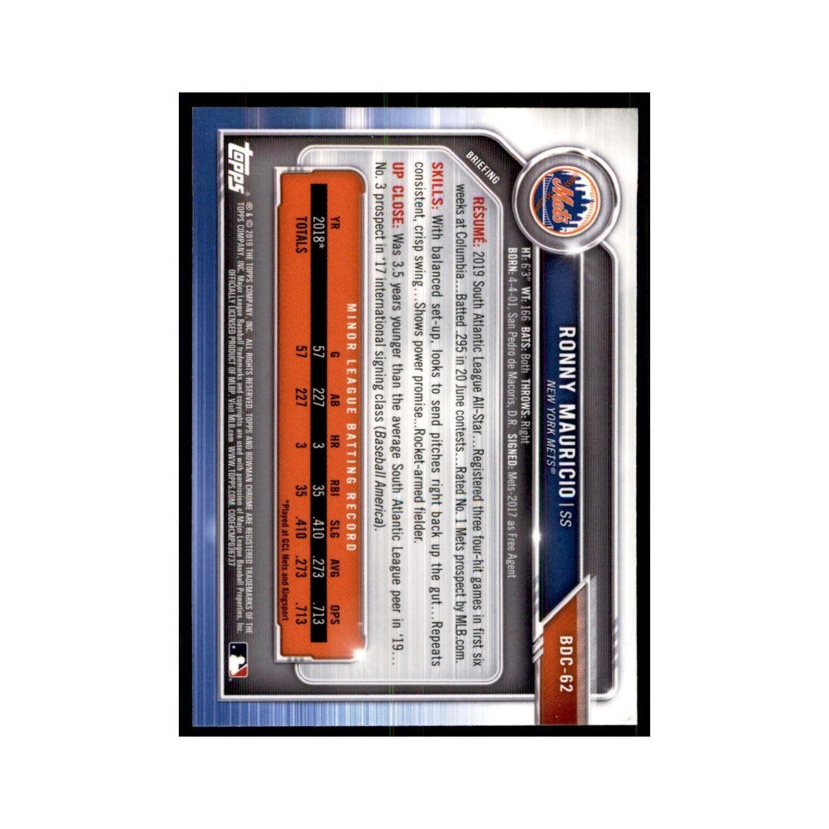 Ronny Mauricio 2019 Bowman Draft Chrome #BDC-62 New York Mets Baseball Card NM