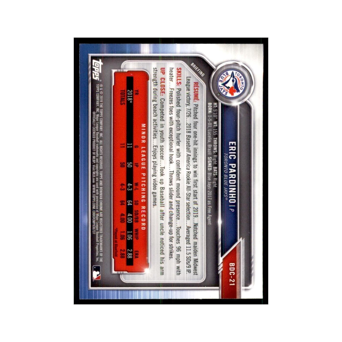 Eric Pardinho 2019 Bowman Draft Chrome #BDC-21 Toronto Blue Jays NM