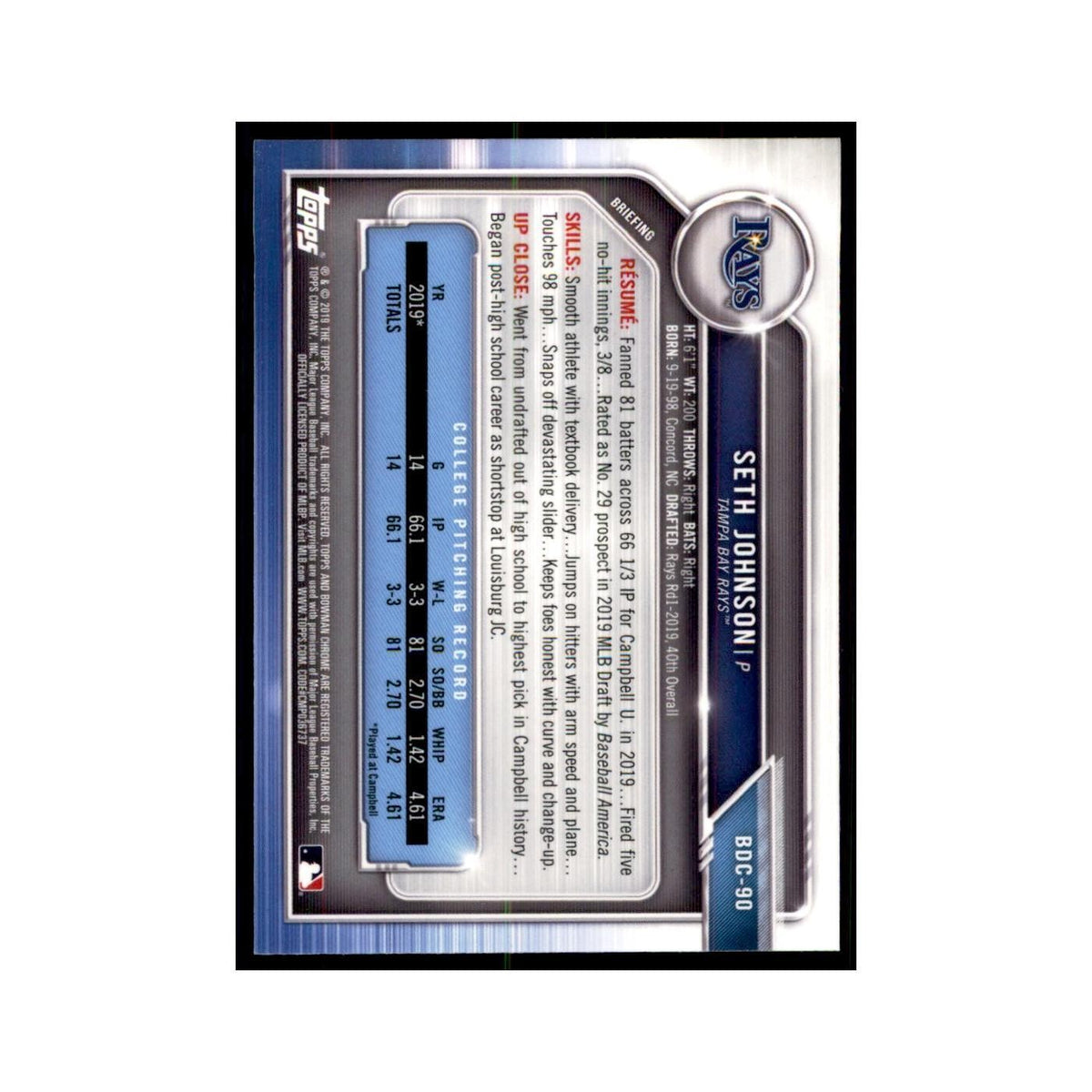 Seth Johnson 2019 Bowman Draft Chrome #BDC-90 Tampa Bay Rays Baseball Card NM