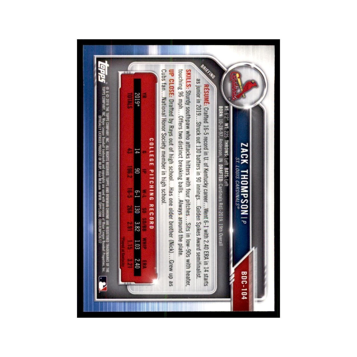 Zack Thompson 2019 Bowman Draft Chrome #BDC-104 St. Louis Cardinals NM