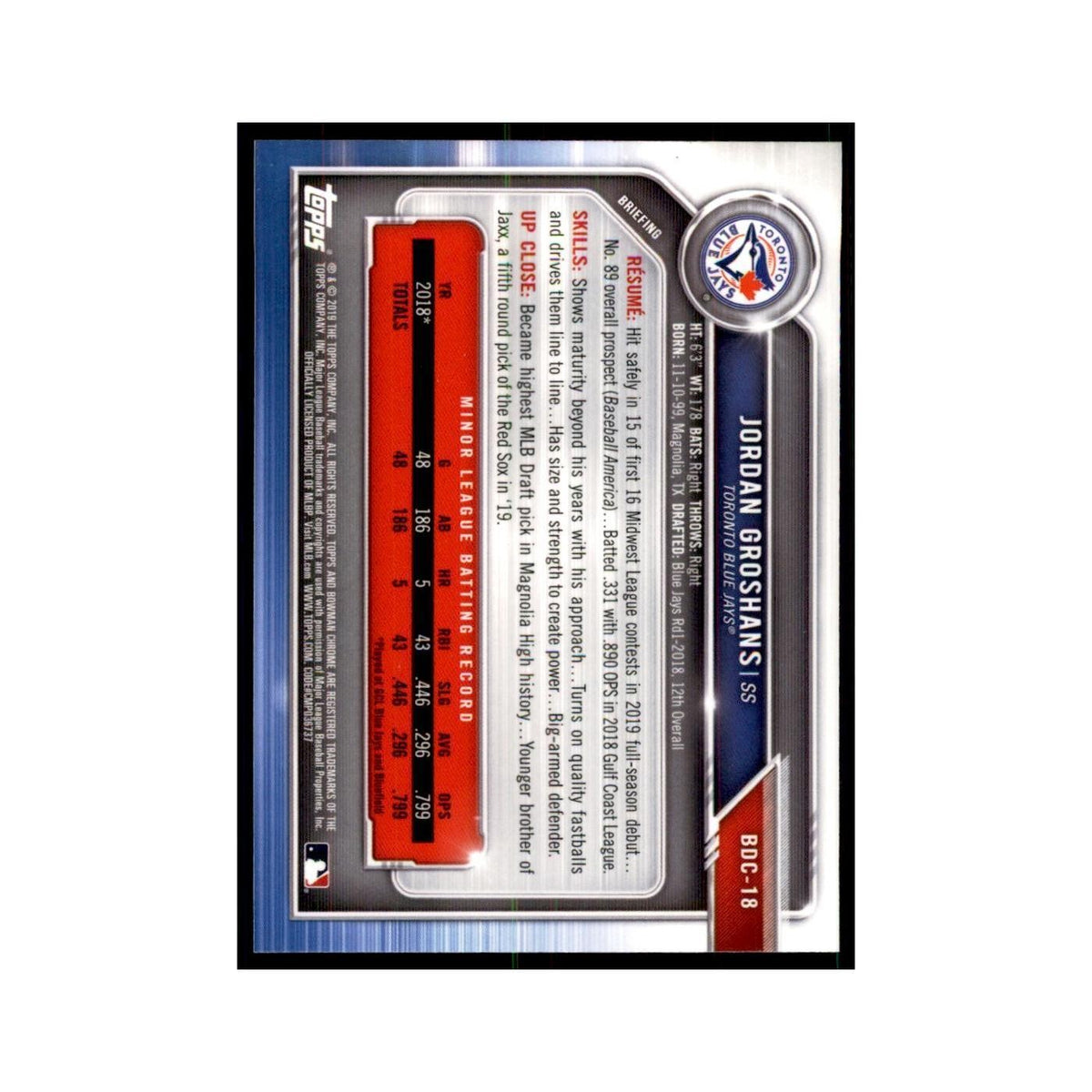 Jordan Groshans 2019 Bowman Draft Chrome #BDC-18 Toronto Blue Jays NM