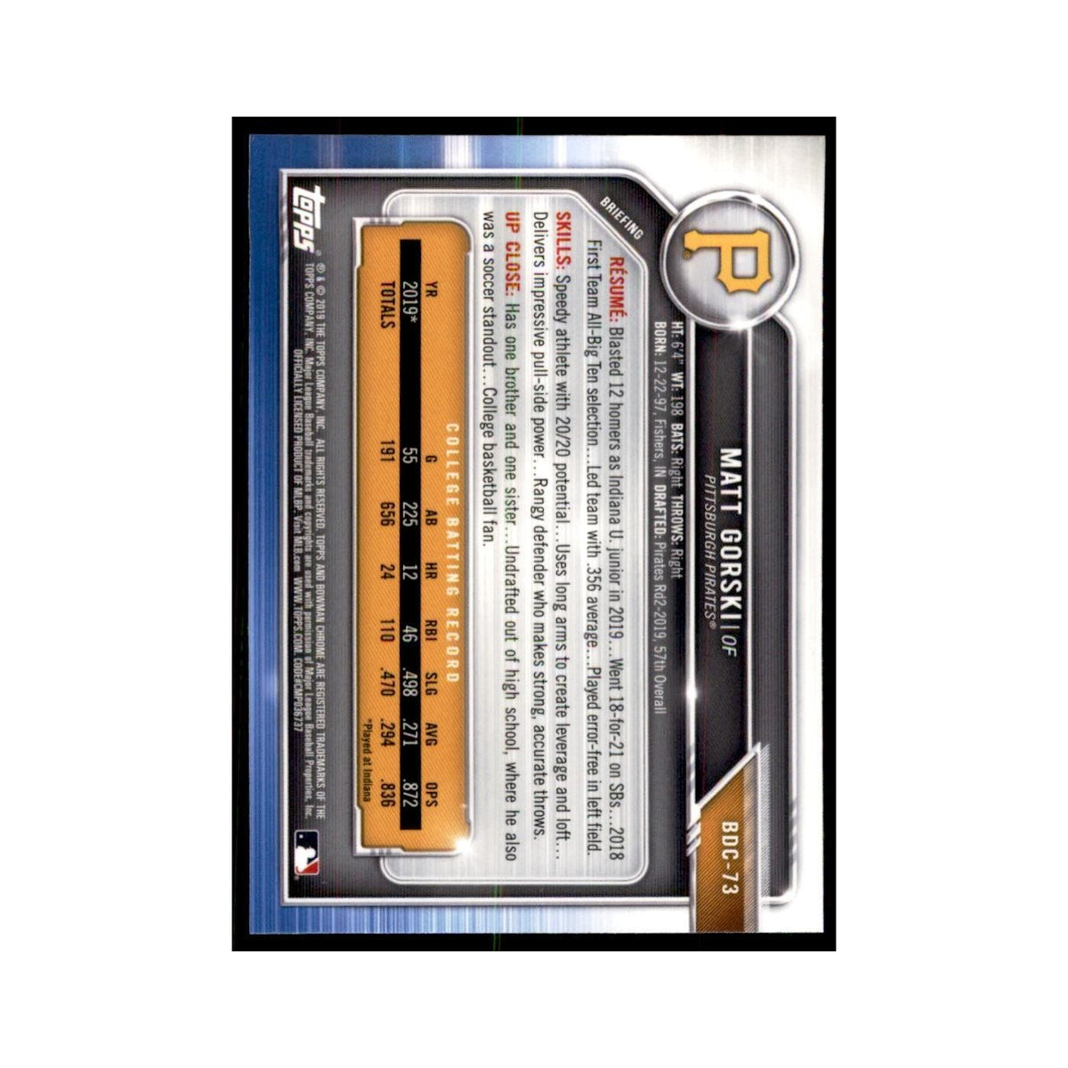 Matt Gorski 2019 Bowman Draft Chrome #BDC-73 Pittsburgh Pirates Baseball Card NM