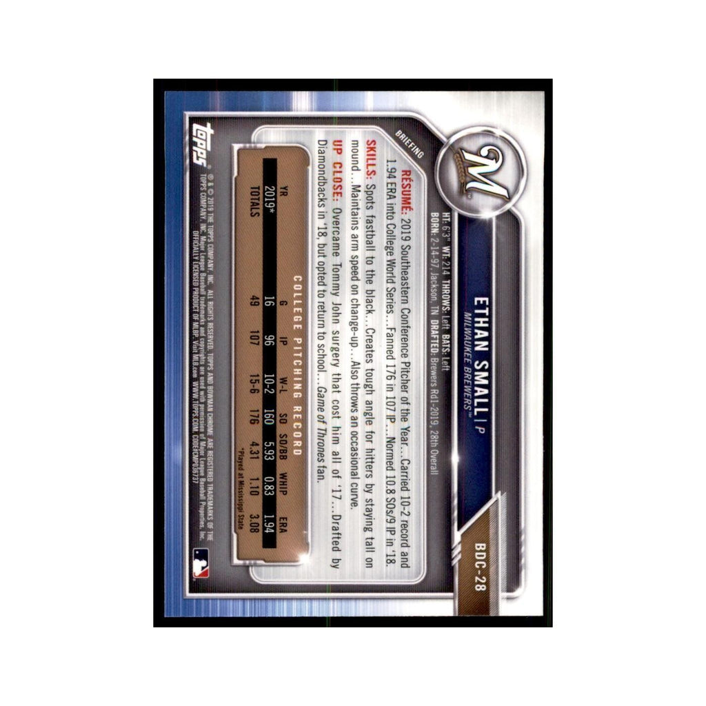 Ethan Small 2019 Bowman Draft Chrome #BDC-28 Milwaukee Brewers Baseball Card NM