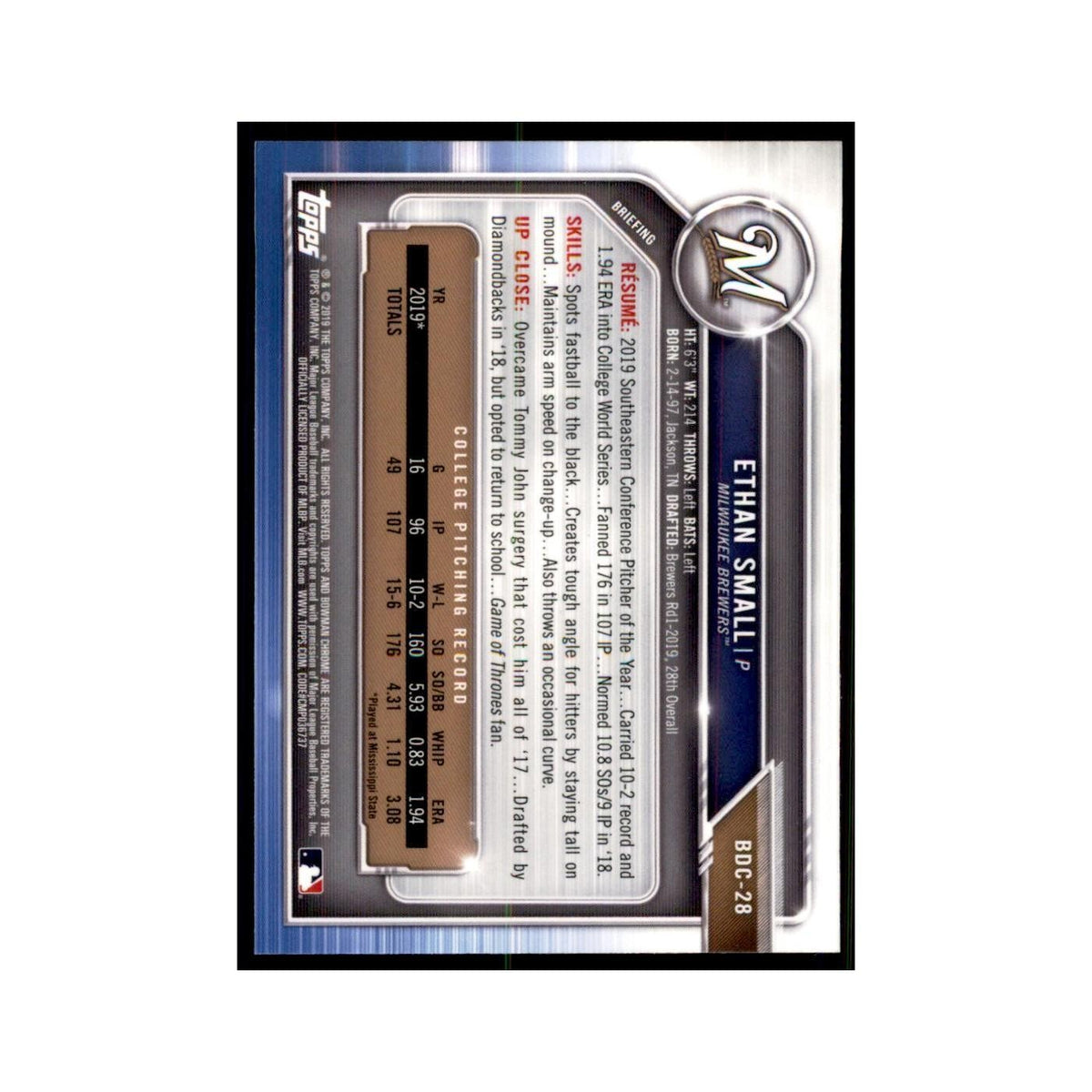 Ethan Small 2019 Bowman Draft Chrome #BDC-28 Milwaukee Brewers Baseball Card NM
