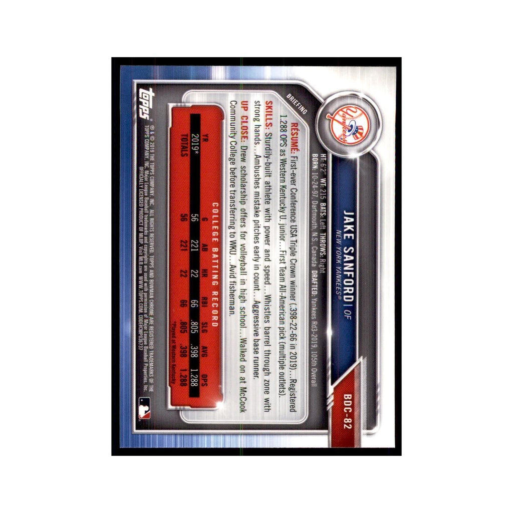 Jake Sanford 2019 Bowman Draft Chrome #BDC-82 New York Yankees Baseball Card NM