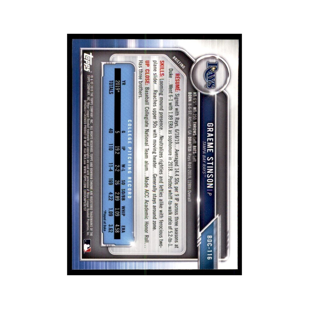 Graeme Stinson 2019 Bowman Draft Chrome #BDC-116 Tampa Bay Rays Baseball Card NM