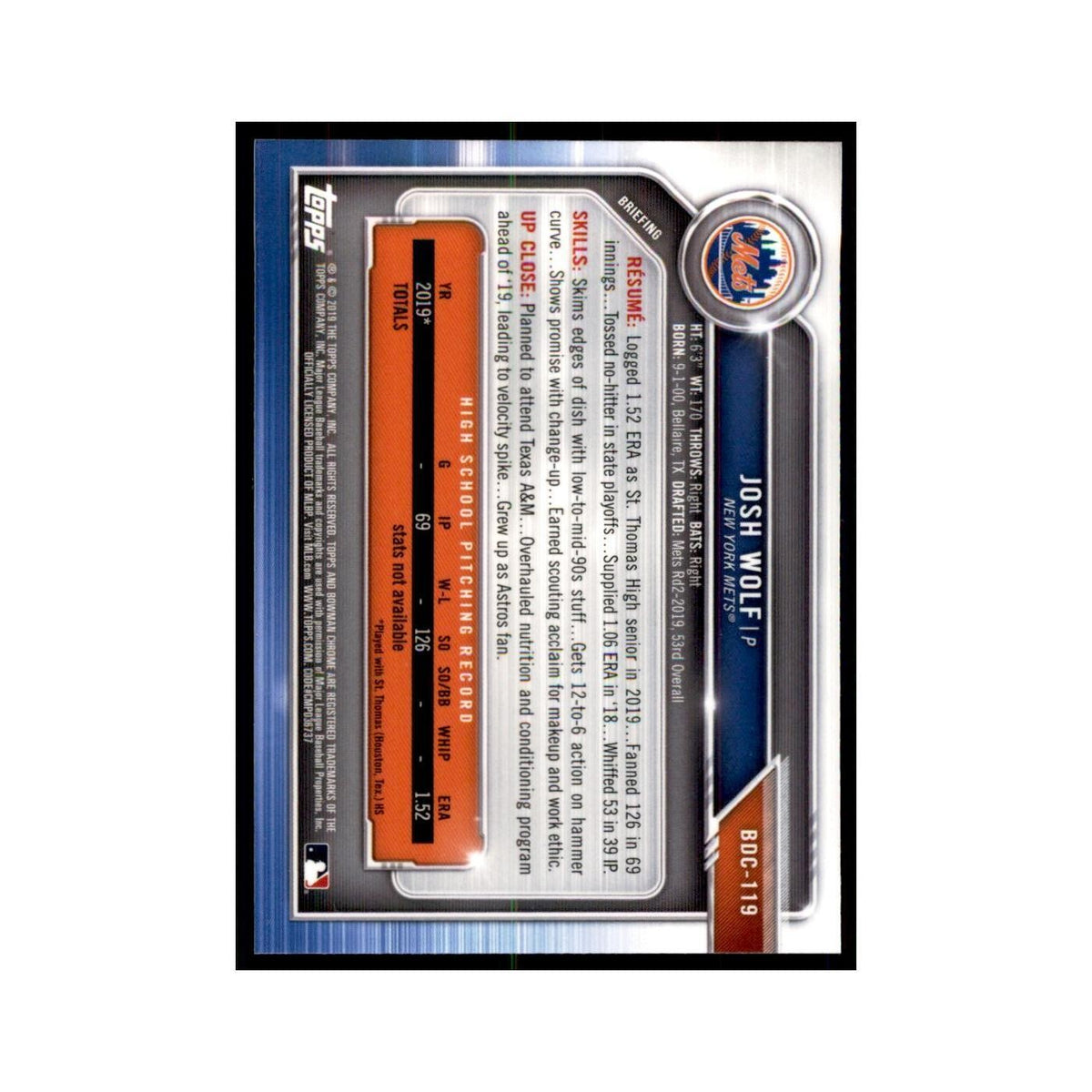Josh Wolf 2019 Bowman Draft Chrome #BDC-119 New York Mets Baseball Card NM