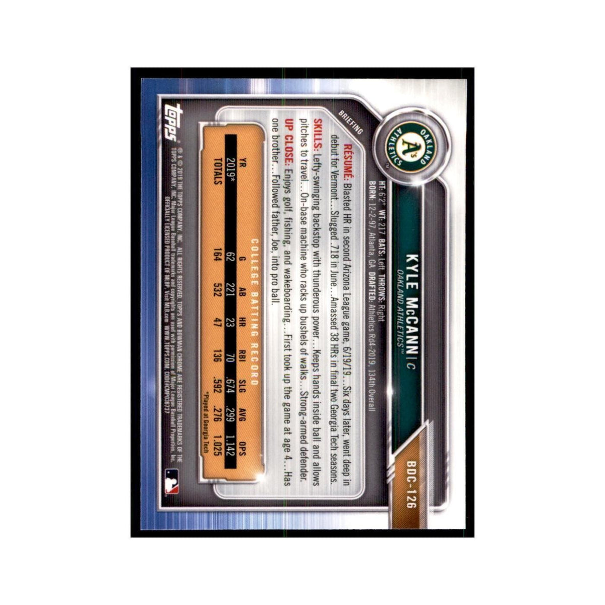 Kyle McCann 2019 Bowman Draft Chrome #BDC-126 Oakland Athletics Baseball Card NM