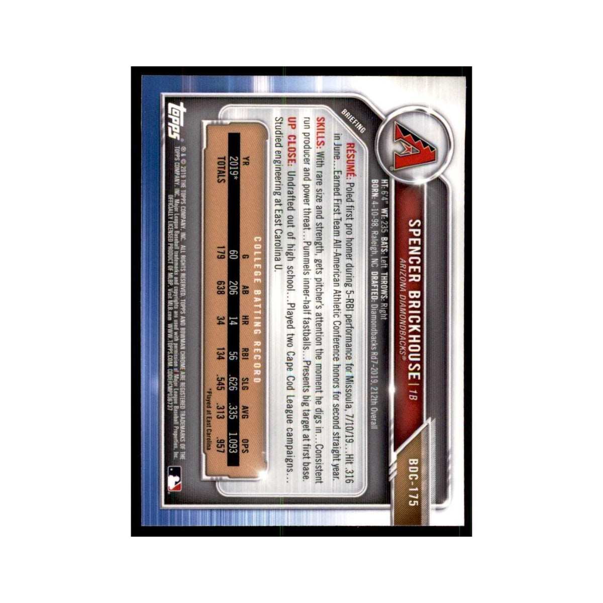 Spencer Brickhouse 2019 Bowman Draft Chrome #BDC-175 Arizona Diamondbacks NM