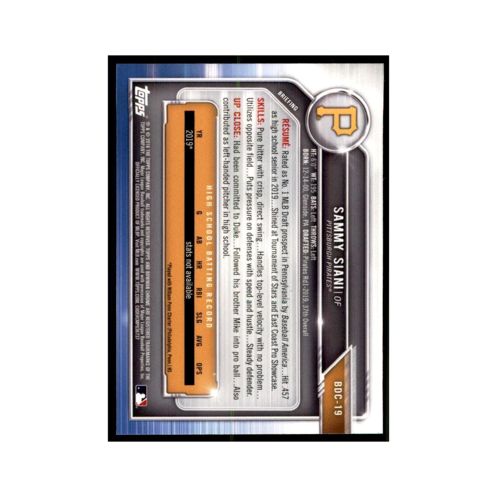 Sammy Siani 2019 Bowman Draft Chrome #BDC-19 Pittsburgh Pirates Baseball Card NM