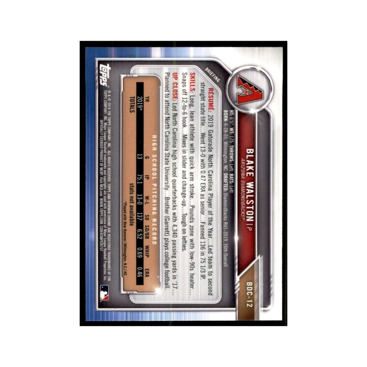 Blake Walston 2019 Bowman Draft Chrome #BDC-12 Arizona Diamondbacks NM